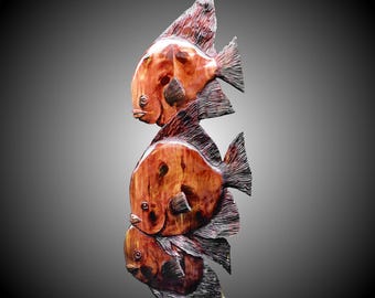 Angel Fish Trio Wall Sculpture: Hand Carved Cedar Wood Art