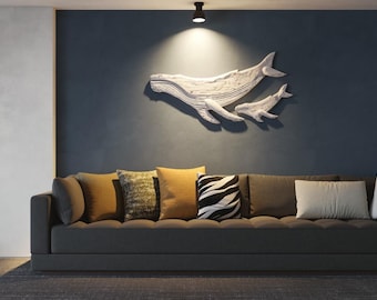 Humpback whales wall carving mother and calf white staining