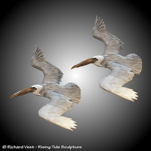 Flying Twin Adult White Pelicans hand carved made to order Alder wood white/gray staining lacquer finish for home or office decor