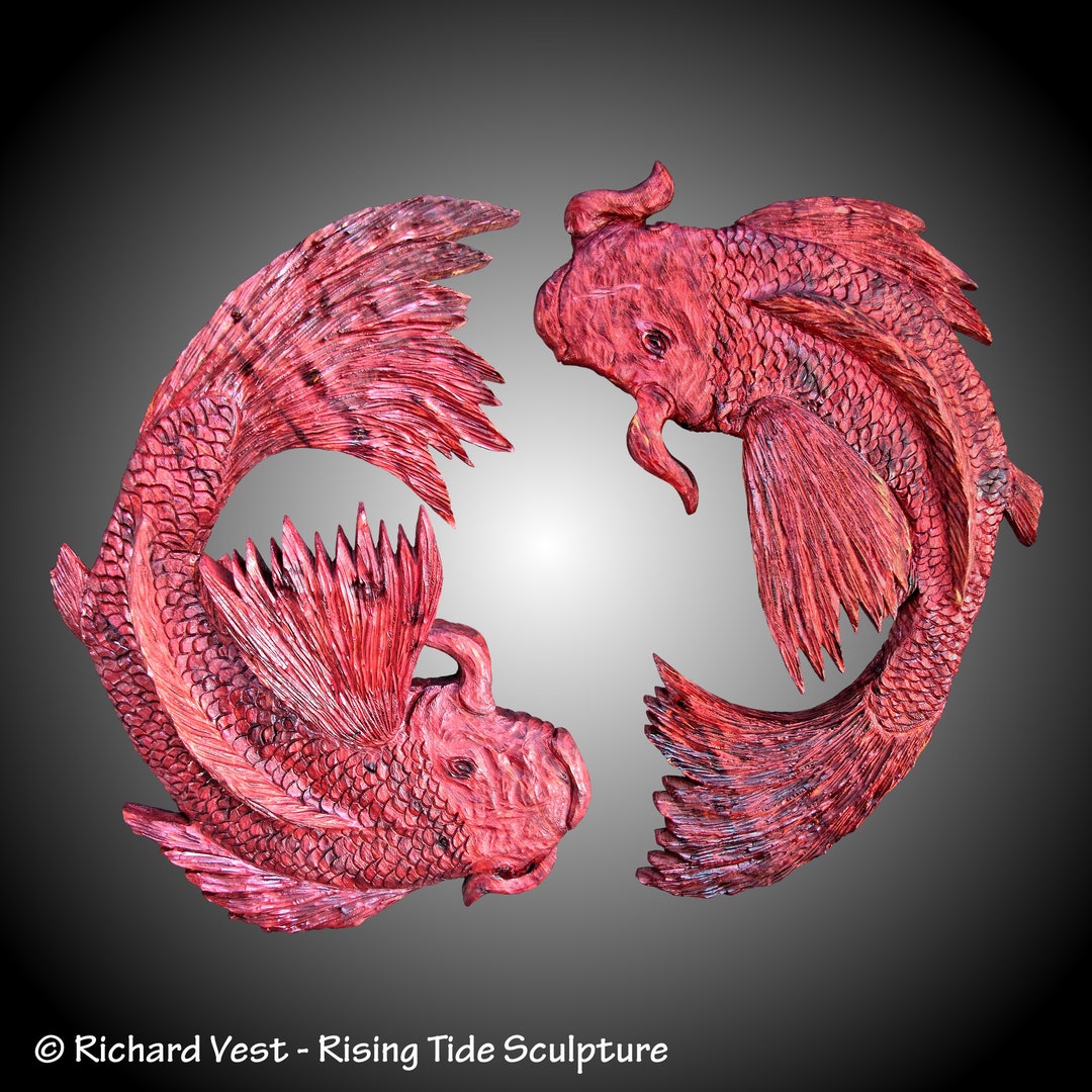 Yin Yang Koi Wall Hanging in Tennessee Red Cedar Wood Hand Carved Made