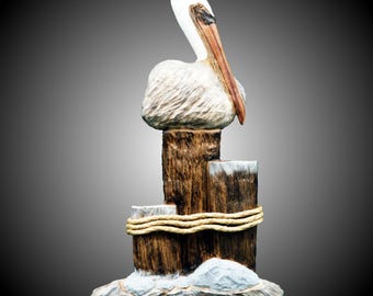 Hand Carved Pier Pelican Sculpture: Alder Wood Coastal Decor