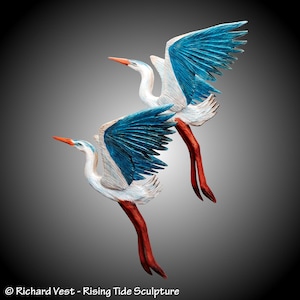 Hand Carved Twin Blue Heron Wall Sculpture: Alder Wood Decor
