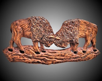 Buffalo Dueling wall hanging in Alder wood hand carved made to order wall sculpture Decor for the home