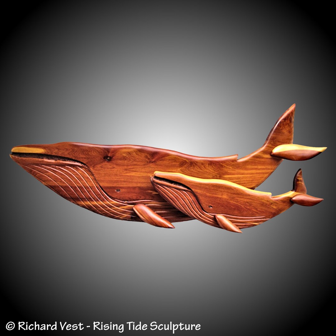Blue Whale Wall Sculpture Set Cedar Hand Carved Ready to Ship Hand