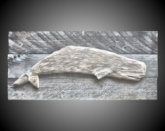The Weathered Series: Sperm Whale Wall Sculpture hand carved made to order Poplar & Alder wood gray white staining lacquer finish
