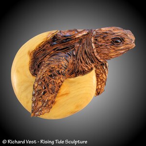 May include: A wooden sculpture of a sea turtle, carved in detail, with a brown and light brown color scheme. The turtle is mounted on a round wooden base.
