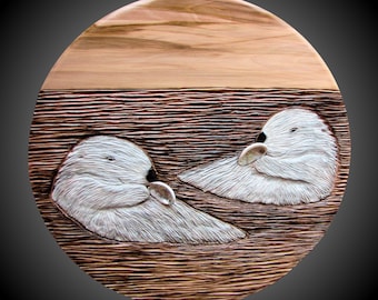 Twin Floating Sea Otters Wall Carving