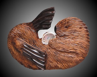 Hand Carved Baby Sea Otter Wall Sculpture: Abalone, Alder Wood