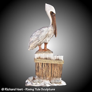 Hand Carved Alder Wood Pelican Sculpture: Coastal Wall Art