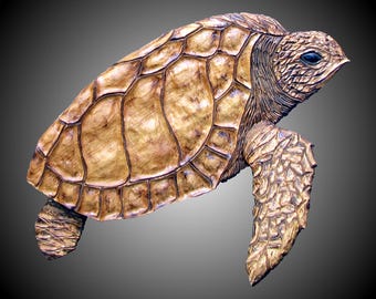 Tortue De Mer En Bois Sculpté Main - Décoration Murale Art Déco - Finition Naturelle