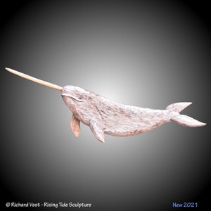Narwhal wall sculpture hand carved Alder wood made to order white stain lacquer finish hangers on reverse for home or office decor