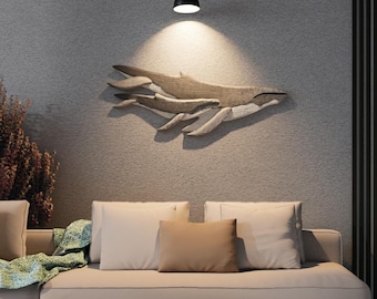 Humpback Whale Wall carving gray white tones Mother and Calf Decor