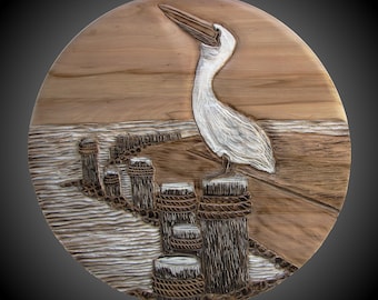 Red Gum Wood Pelican Wall Carving: Coastal Pier Art, 30" Diameter