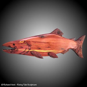Hand Carved Salmon Wall Art: Tennessee Red Cedar Wood Sculpture