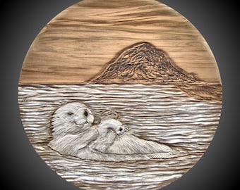 Morro Rock Sea Otter Wood Carving: Abalone Shell Decor (16 inch)