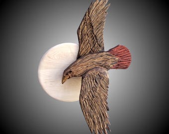 Hand Carved Red Tail Hawk Wall Sculpture: Alder & Maple Wood