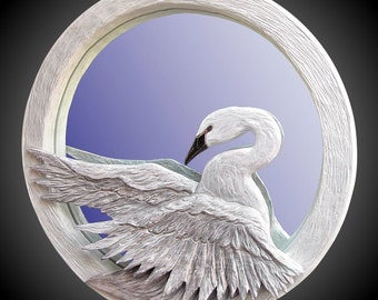 Swan Wall Mirror 30" diameter wall hanging in Alder wood with off white staining, hand carved made to order wall Decor