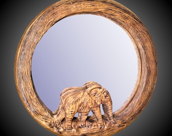 Hand Carved African Elephant Wall Mirror: Alder Wood, Tung Oil Finish, 24"