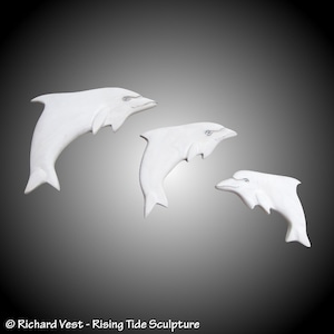 Bottlenose Dolphins grouping of 3 hand carved made to order Alder wood white stained hangers on back lacquer finish  for home/ office decor