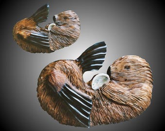 Mother/Baby sea otters  wall carving/ abalone shell /Alder /Nautical Marine life gift