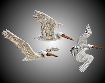 Flying Pelican Formation group of 3 birds hand carved in Alder wood mahogany beak made to order sculpture Decor for home or office