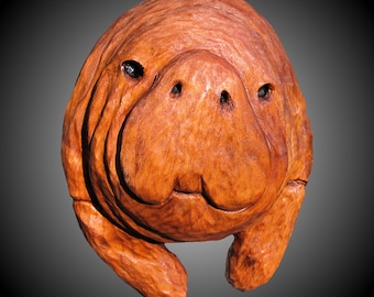 Manatee bust wall carving alder wood tung oil finish for home or office decor