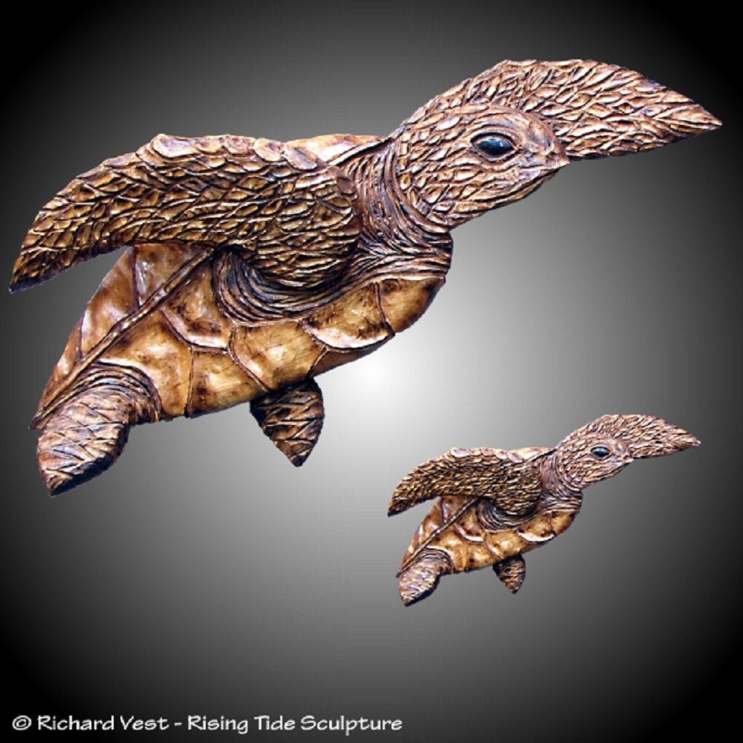 Sea Turtle Family Wall Sculptures Hand Carved in Alder Wood Tung Oil
