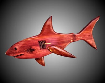 Hand Carved White Shark Sculpture: Tennessee Red Cedar Wall Art