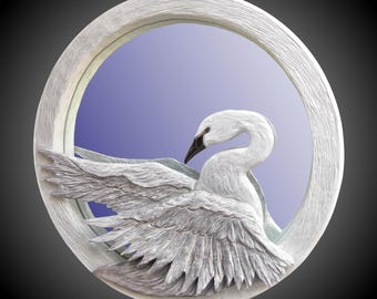 Swan Wall Mirror: hand carved  Alder Wood, White Stained, clear mirror
