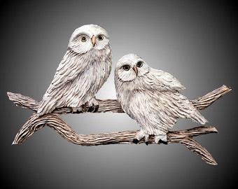 Twin Branch Snowy Owls Wall Carving in Alder wood hand carved made to order with whitish staining lacquer finish Decor for home or office