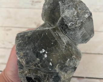 May include: A dark gray, rough-textured mineral specimen with multiple crystalline structures. The stone has a faceted appearance with a mix of dark gray and lighter gray areas. The mineral is held in a hand against a light wood background.