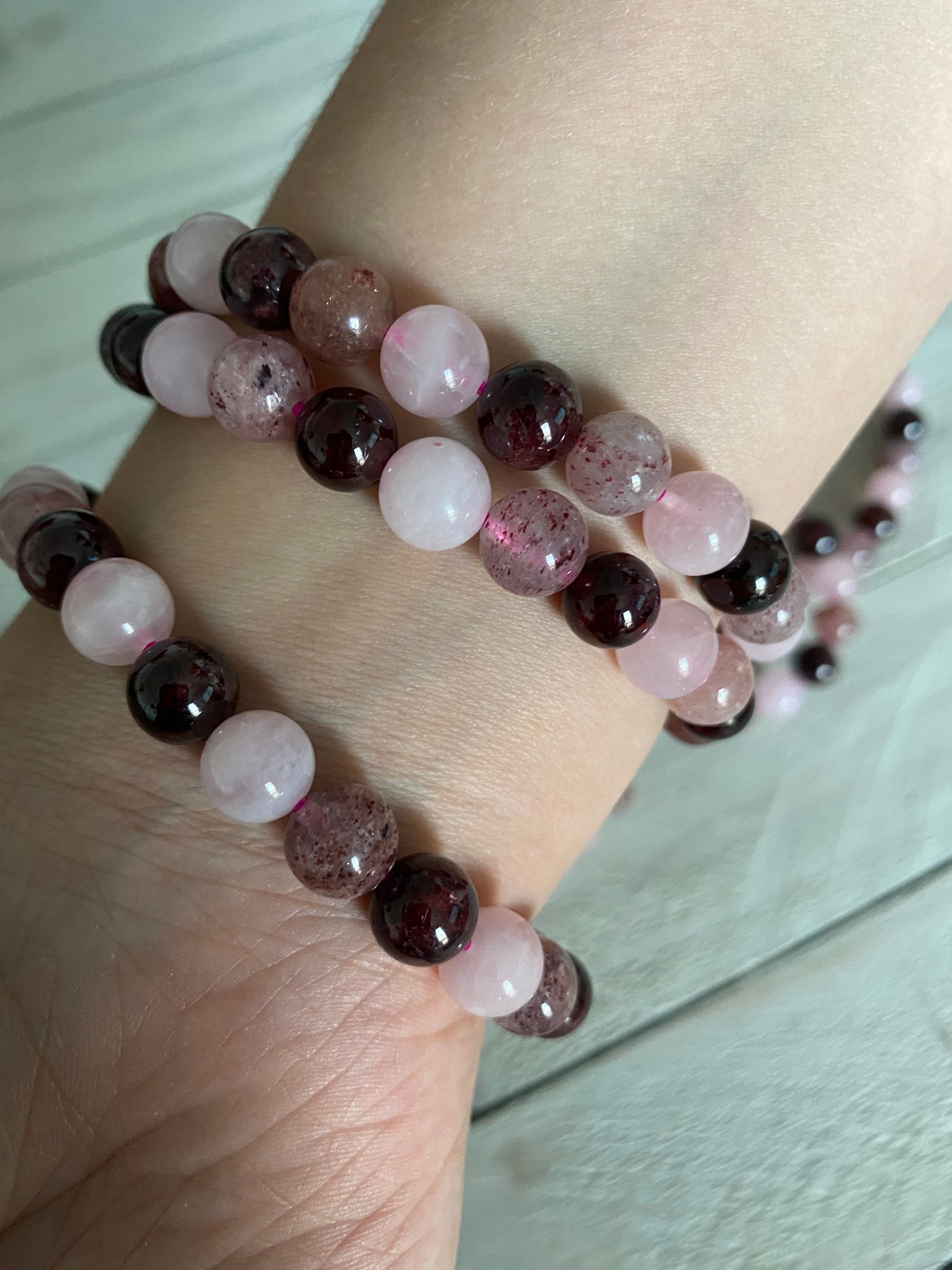 Garnet, Strawberry Quartz and Rose Quartz Bracelet