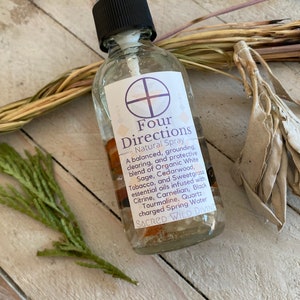 Four Directions Natural Spray 1 oz  or 2 oz Organic Cedar Sage Sweetgrass and Tobacco essential oils in charged water