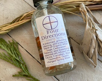 Four Directions Natural Spray 1 oz  or 2 oz Organic Cedar Sage Sweetgrass and Tobacco essential oils in charged water