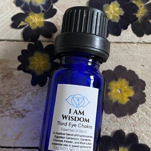 I Am Wisdom Third Eye Chakra Essential Oil Blend - Organic Blue Lotus Blossom, Egyptian Geranium, Champa Flower, Gardenia, and Frankincense