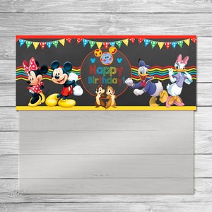 May include: A colorful birthday banner featuring Mickey Mouse, Minnie Mouse, Donald Duck, Daisy Duck, and Chip and Dale. The banner has a black background with the words "Happy Birthday!" in the center, and a red, yellow, and green border.