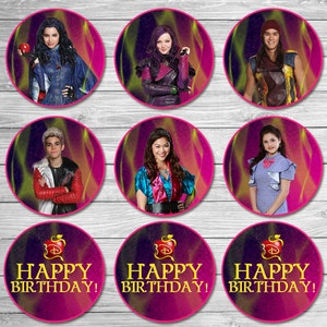 The Descendants Cupcake Toppers Pink Purple/ The Descendants Birthday Party / The Descendants Stickers Printable Favors / Mal and Evie