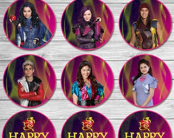 The Descendants Cupcake Toppers Pink Purple/ The Descendants Birthday Party / The Descendants Stickers Printable Favors / Mal and Evie