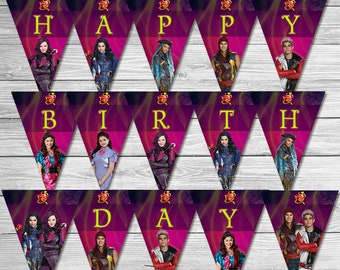 May include: A printable banner with a purple and gold background featuring characters from the Disney movie Descendants. The banner reads "Happy Birthday".