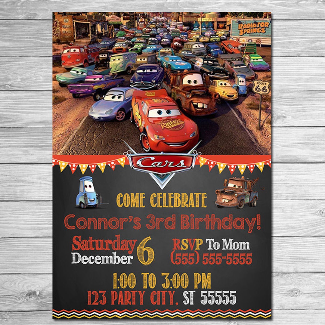 Disney Cars Invitation Chalkboard Lightning Mcqueen Birthday 