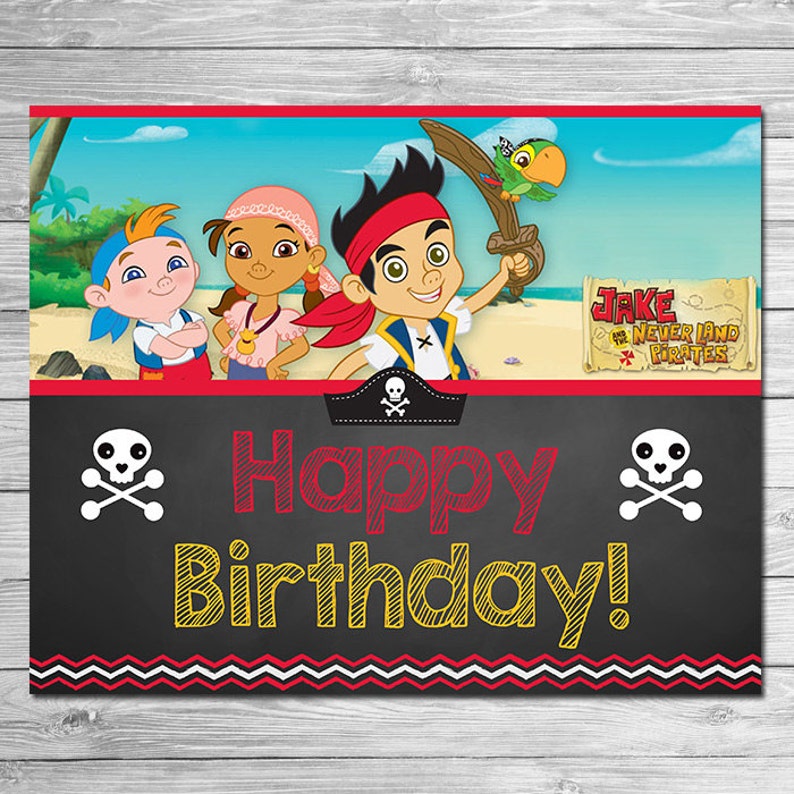 Cartello di buon compleanno Jake e i pirati dell'Isola che non c'è // Festa di compleanno dei pirati dell'Isola che non c'è // Banner di compleanno dei pirati dell'Isola che non c'è immagine 1