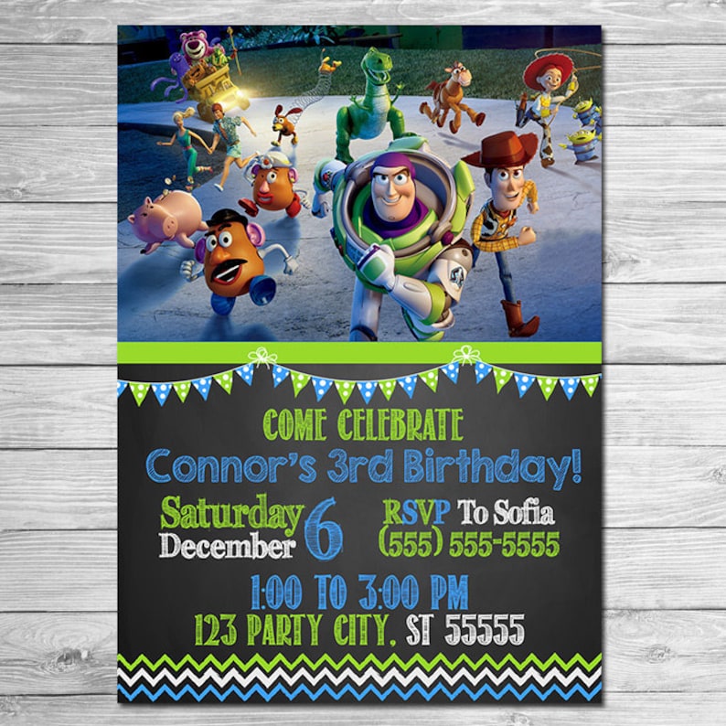 May include: A birthday party invitation featuring characters from the movie Toy Story. The invitation has a black chalkboard background with the text "COME CELEBRATE Connor's 3rd Birthday!" and party details.