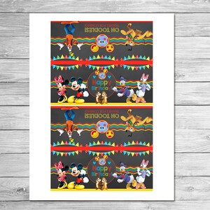 May include: A sheet of paper featuring a repeating pattern of Disney characters. Mickey and Minnie Mouse, Donald and Daisy Duck, and Chip and Dale are depicted. The words "Happy Birthday!" and "Oh Toodles! Thanks for Coming!" are also visible.
