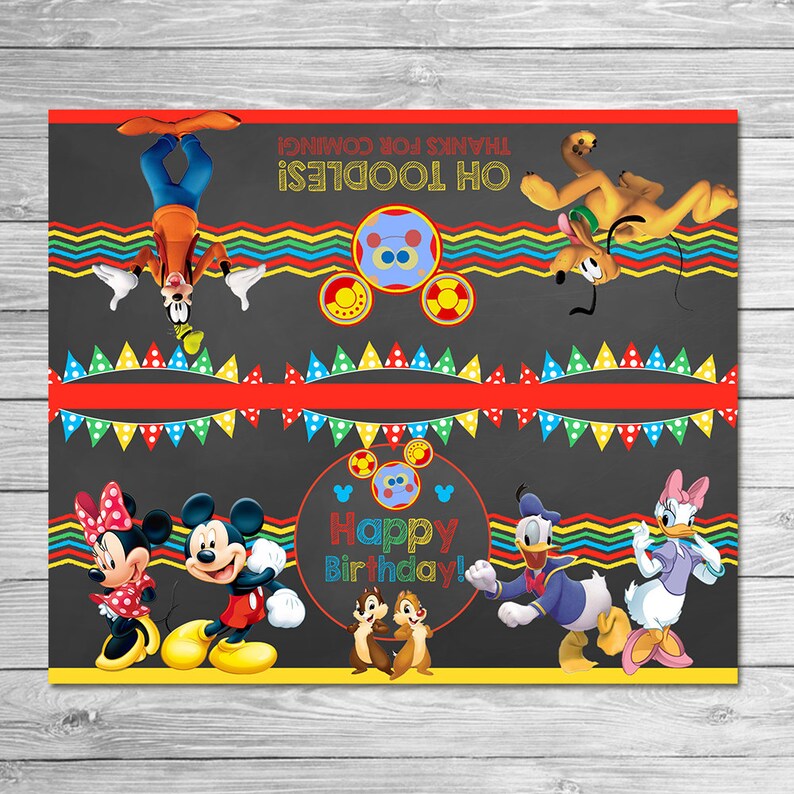 May include: A colorful birthday party banner featuring Disney characters like Mickey Mouse, Minnie Mouse, Donald Duck, and Goofy. The banner has the text "Happy Birthday!" and "Oh Toodles! Thanks for coming!" on a dark gray background with decorative elements.