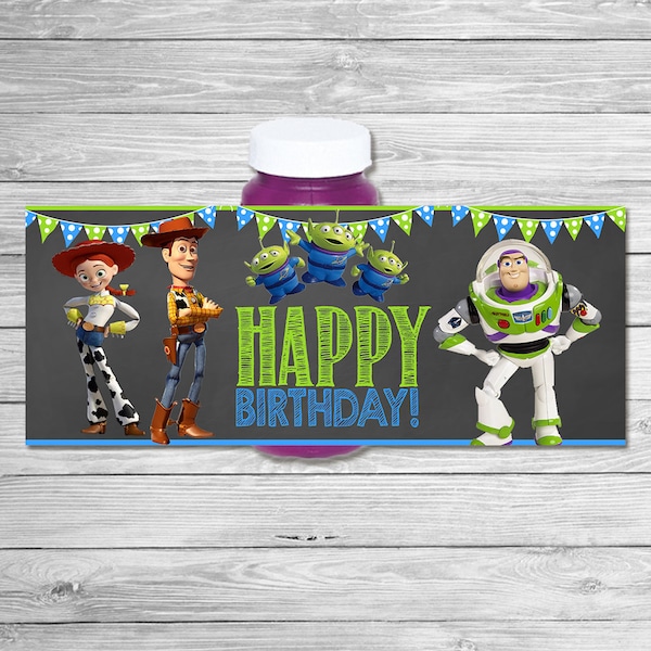 Toy Story Bubble Label Chalkboard Green Blue // Toy Story Birthday Party // Toy Story Bubble Wrapper // Printable Toy Story Party Favors