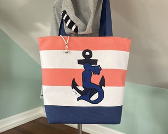 Mermaid and Anchor Striped canvas bag