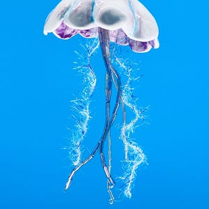 May include: A decorative jellyfish ornament with a white, purple, and blue cap. The jellyfish has long, beaded tentacles and delicate, fringed tendrils, all against a bright blue background. The ornament is designed to hang.