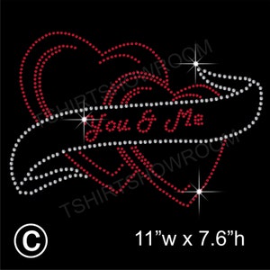 May include: Red and silver rhinestone design of two interlocking hearts with the text "You & Me" in the center. The design measures 11 inches wide by 7.6 inches high.