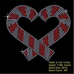 May include: A red and white candy cane design created with rhinestones. The design is in the shape of a heart. The design measures 8.138 inches wide and 7.089 inches high. The rhinestones are size SS10 and there are 987 rhinestones in total.