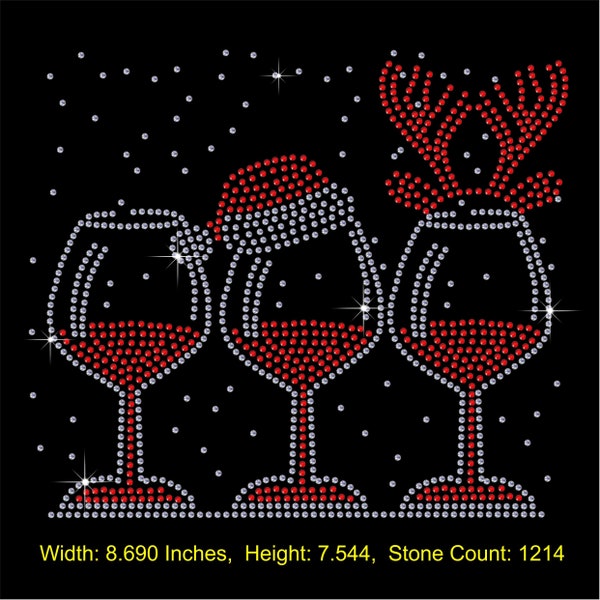 Christmas Wine Glass and Reindeer Antlers Rhinestone Hotfix Transfer Iron on Applique Motif with a free small transfer to try on